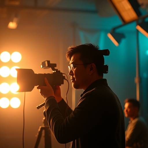 Michael Chen setting up lighting equipment