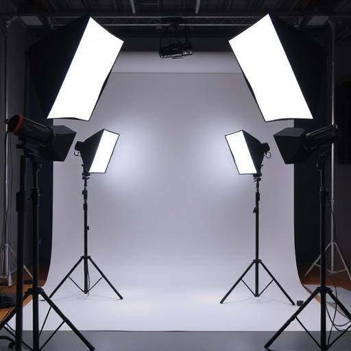 Various studio lighting equipment including softboxes and spotlights
